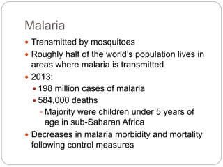 Malaria
 Transmitted by mosquitoes
 Roughly half of the world’s population lives in
areas where malaria is transmitted
 2013:
 198 million cases of malaria
 584,000 deaths
 Majority were children under 5 years of
age in sub-Saharan Africa
 Decreases in malaria morbidity and mortality
following control measures
 