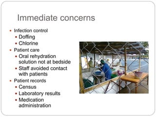 Immediate concerns
 Infection control
 Doffing
 Chlorine
 Patient care
 Oral rehydration
solution not at bedside
 Staff avoided contact
with patients
 Patient records
 Census
 Laboratory results
 Medication
administration
 