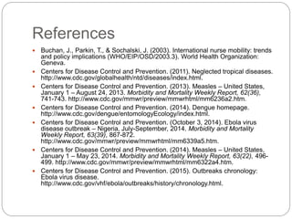 References
 Buchan, J., Parkin, T., & Sochalski, J. (2003). International nurse mobility: trends
and policy implications (WHO/EIP/OSD/2003.3). World Health Organization:
Geneva.
 Centers for Disease Control and Prevention. (2011). Neglected tropical diseases.
http://www.cdc.gov/globalhealth/ntd/diseases/index.html.
 Centers for Disease Control and Prevention. (2013). Measles – United States,
January 1 – August 24, 2013. Morbidity and Mortality Weekly Report, 62(36),
741-743. http://www.cdc.gov/mmwr/preview/mmwrhtml/mm6236a2.htm.
 Centers for Disease Control and Prevention. (2014). Dengue homepage.
http://www.cdc.gov/dengue/entomologyEcology/index.html.
 Centers for Disease Control and Prevention. (October 3, 2014). Ebola virus
disease outbreak – Nigeria, July-September, 2014. Morbidity and Mortality
Weekly Report, 63(39), 867-872.
http://www.cdc.gov/mmwr/preview/mmwrhtml/mm6339a5.htm.
 Centers for Disease Control and Prevention. (2014). Measles – United States,
January 1 – May 23, 2014. Morbidity and Mortality Weekly Report, 63(22), 496-
499. http://www.cdc.gov/mmwr/preview/mmwrhtml/mm6322a4.htm.
 Centers for Disease Control and Prevention. (2015). Outbreaks chronology:
Ebola virus disease.
http://www.cdc.gov/vhf/ebola/outbreaks/history/chronology.html.
 