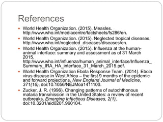 References
 World Health Organization. (2015). Measles.
http://www.who.int/mediacentre/factsheets/fs286/en.
 World Health Organization. (2015). Neglected tropical diseases.
http://www.who.int/neglected_diseases/diseases/en.
 World Health Organization. (2015). Influenza at the human-
animal interface: summary and assessment as of 31 March
2015.
http://www.who.int/influenza/human_animal_interface/Influenza_
Summary_IRA_HA_interface_31_March_2015.pdf.
 World Health Organization Ebola Response Team. (2014). Ebola
virus disease in West Africa – the first 9 months of the epidemic
and forward projections. New England Journal of Medicine,
371(16), doi:10.1056/NEJMoa1411100.
 Zucker, J. R. (1996). Changing patterns of autochthonous
malaria transmission in the United States: a review of recent
outbreaks. Emerging Infectious Diseases, 2(1),
doi:10.3201/eid0201.960104.
 