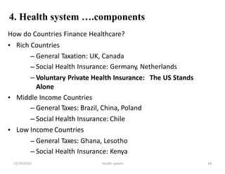 4. Health system ….components
How do Countries Finance Healthcare?
• Rich Countries
–
–
–
General Taxation: UK, Canada
Social Health Insurance: Germany, Netherlands
Voluntary Private Health Insurance:
Alone
The US Stands
• Middle Income Countries
– General Taxes: Brazil, China, Poland
– Social Health Insurance: Chile
Low Income Countries
•
–
–
12/29/2022
General Taxes: Ghana, Lesotho
Social Health Insurance: Kenya
Health system 34
 