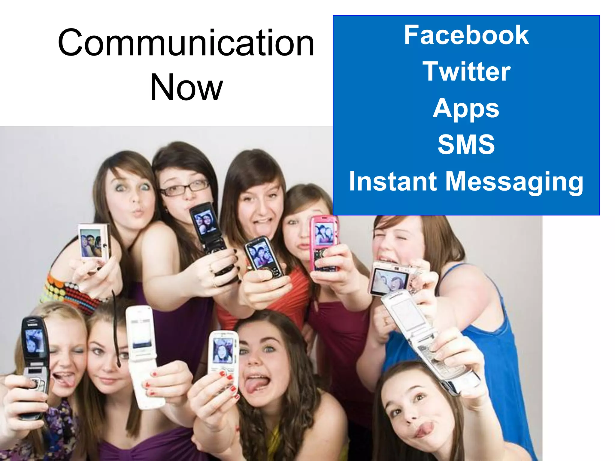 Communication       Facebook
                      Twitter
   Now                 Apps
                       SMS
                Instant Messaging
 
