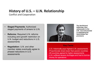 Conflict and Cooperation
History of U.S. – U.N. Relationship
• Staged Payments: Authorized
staged payments of arrears to U.N.
• Reforms: Required U.N. reforms
including zero-growth restriction on
U.N. budget and reductions in U.S.
assessments
• Negotiation: U.N. and other
member states eventually agree to
phased reductions in U.S.
assessments
The late Richard
Holbrooke, then
ambassador to the
U.N., was instrumental
in negotiating the
Helms-Biden Act
provisions
Key Facts:
-U.S. historically pays highest U.N. assessments
-Proportionate share lower than poorer countries
-29 countries agreed to higher assessments
-U.N. suffered severe shortages and had to borrow
money for operations
 