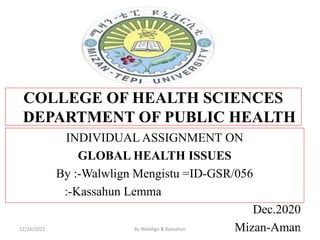 COLLEGE OF HEALTH SCIENCES
DEPARTMENT OF PUBLIC HEALTH
INDIVIDUAL ASSIGNMENT ON
GLOBAL HEALTH ISSUES
By :-Walwlign Mengistu =ID-GSR/056
:-Kassahun Lemma
Dec.2020
Mizan-Aman
12/26/2022 1
By Walelign & Kassahun
 