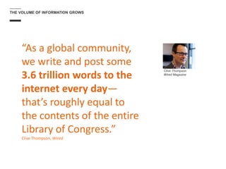 THE VOLUME OF INFORMATION GROWS
“As a global community,
we write and post some
3.6 trillion words to the
internet every da...