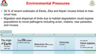 Environmental Pressures
• 30 % of recent outbreaks of Ebola, Zika and Nipah viruses linked to tree-
cover loss
• Migration and dispersal of birds due to habitat degradation could expose
populations to novel pathogens including avian, malaria, new parasites,
and viruses.
7
 