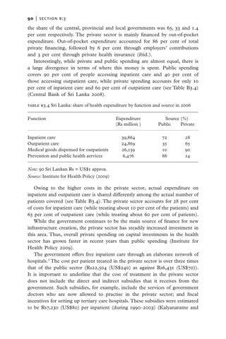 90   |  Section b:3

the share of the central, provincial and local governments was 65, 33 and 1.4
per cent respectively. The private sector is mainly financed by out-of-pocket
expenditure. Out-of-pocket expenditure accounted for 86 per cent of total
private financing, followed by 6 per cent through employers’ contributions
and 3 per cent through private health insurance (ibid.).
   Interestingly, while private and public spending are almost equal, there is
a large divergence in terms of where this money is spent. Public spending
covers 90 per cent of people accessing inpatient care and 40 per cent of
those accessing outpatient care, while private spending accounts for only 10
per cent of inpatient care and 60 per cent of outpatient care (see Table B3.4)
(Central Bank of Sri Lanka 2008).

Table B3.4 Sri Lanka: share of health expenditure by function and source in 2006

Function 	                                   Expenditure 	         Source (%)
	                                            (Rs million )	     Public	   Private

Inpatient care 	                               39,864 	          72 	        28
Outpatient care 	                              24,869 	          35 	        65
Medical goods dispensed for outpatients 	      26,139 	          10 	        90
Prevention and public health aervices 	         6,476 	          86 	        14

Note: 90 Sri Lankan Rs = US$1 approx.
Source: Institute for Health Policy (2009)

   Owing to the higher costs in the private sector, actual expenditure on
inpatient and outpatient care is shared differently among the actual number of
patients covered (see Table B3.4). The private sector accounts for 28 per cent
of costs for inpatient care (while treating about 10 per cent of the patients) and
65 per cent of outpatient care (while treating about 60 per cent of patients).
   While the government continues to be the main source of finance for new
infrastructure creation, the private sector has steadily increased investment in
this area. Thus, overall private spending on capital investments in the health
sector has grown faster in recent years than public spending (Institute for
Health Policy 2009).
   The government offers free inpatient care through an elaborate network of
hospitals.3 The cost per patient treated in the private sector is over three times
that of the public sector (Rs22,504 (US$240) as against Rs6,431 (US$70)).
It is important to underline that the cost of treatment in the private sector
does not include the direct and indirect subsidies that it receives from the
government. Such subsidies, for example, include the services of government
doctors who are now allowed to practise in the private sector; and fiscal
incentives for setting up tertiary care hospitals. These subsidies were estimated
to be Rs7,230 (US$80) per inpatient (during 1990–2003) (Kalyanaratne and
 