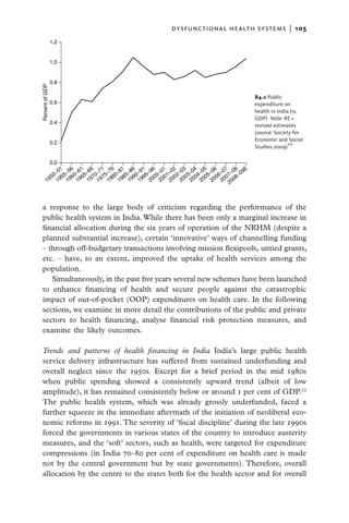 dysfunctional health systems  |   105
                 1.2


                 1.0


                 0.8
Percent of GDP




                                                                                              B4.2 Public
                 0.6                                                                          expenditure on
                                                                                              health in ­India (%
                                                                                              GDP)  Note: RE =
                 0.4
                                                                                              revised estimates
                                                                                              (source: Society for
                                                                                              Economic and Social
                 0.2
                                                                                              Studies 2009)19

                 0.0
                     1   6 1 6       1 6 1       6 1 6       1 2 3       4 5 6       7 8 E
                   –5 –5 –6 –6 –7 –7 –8 –8 –9 –9 –0 –0 –0 –0 –0 –0 –0 –0 09
                 50 955 960 965 970 975 980 985 990 995 000 001 002 003 004 005 006 007 08–
          19        1 1 1      1 1 1       1 1 1       2 2 2       2 2 2       2 2 20




 a response to the large body of criticism regarding the performance of the
 public health system in India. While there has been only a marginal increase in
 financial allocation during the six years of operation of the NRHM (despite a
 planned substantial increase), certain ‘innovative’ ways of channelling funding
 – through off-budgetary transactions involving mission flexipools, untied grants,
 etc. – have, to an extent, improved the uptake of health services among the
 population.
    Simultaneously, in the past five years several new schemes have been launched
 to enhance financing of health and secure people against the catastrophic
 impact of out-of-pocket (OOP) expenditures on health care. In the following
 sections, we examine in more detail the contributions of the public and private
 sectors to health financing, analyse financial risk protection measures, and
 examine the likely outcomes.

 Trends and patterns of health financing in India India’s large public health
 service delivery infrastructure has suffered from sustained underfunding and
 overall neglect since the 1950s. Except for a brief period in the mid 1980s
 when public spending showed a consistently upward trend (albeit of low
 amplitude), it has remained consistently below or around 1 per cent of GDP.22
 The public health system, which was already grossly underfunded, faced a
 further squeeze in the immediate aftermath of the initiation of neoliberal eco-
 nomic reforms in 1991. The severity of ‘fiscal discipline’ during the late 1990s
 forced the governments in various states of the country to introduce austerity
 measures, and the ‘soft’ sectors, such as health, were targeted for expenditure
 compressions (in India 70–80 per cent of expenditure on health care is made
 not by the central government but by state governments). Therefore, overall
 allocation by the centre to the states both for the health sector and for overall
 