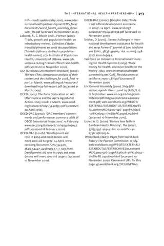 THE INTERNATIONAL HEALTH PARTHERSHIP+  |   303
   IHP+ results update (May 2010). www.inter-       OECD-DAC (2010c). [Graphic data] ‘Table
   nationalhealthpartnership.net/CMS_files/             1: net official development assistance
   documents/world_health_assembly_ihpre-               in 2009’. 14 April. www.oecd.org/
   sults_EN.pdf (accessed 10 November 2010).            dataoecd/17/9/44981892.pdf (accessed 10
Labonté, R., C. Blouin and L. Forman (2010).            November 2010).
   ‘Trade, growth and population health: an         Sridhar, D. (2010). ;Seven challenges in inter-
   introductory review’. Collection d’études            national development assistance for health
   transdisciplinaires en santé des populations         and ways forward’. Journal of Law, Medicine
   [Transdisciplinary studies in population             and Ethics, 38(3): 459–69. doi: 10.1111/j.1748-
   health series], 2(1). Institute of Population        720X.2010.00505.x.
   Health, University of Ottawa. www.iph.           Taskforce on Innovative International Financ-
   uottawa.ca/eng/transdis/files/trade-health.          ing for Health Systems (2009). ‘More
   pdf (accessed 10 November 2010).                     money for health, and more health for the
ODI (Overseas Development Institute) (2008).            money’. May. www.internationalhealth-
   The new EPAs: comparative analysis of their          partnership.net/CMS_files/documents/
   content and the challenges for 2008, final re-       taskforce_report_EN.pdf (accessed 8
   port. 31 March. www.odi.org.uk/resources/            November 2010).
   download/1139-full-report.pdf (accessed 21       UN General Assembly (2010). Sixty-fifth
   March 2009).                                         session, agenda items 13 and 115 (A/65/L.1).
OECD (2005). The Paris Declaration on Aid               17 September. www.un.org/en/mdg/sum-
   Effectiveness and the Accra Agenda for               mit2010/pdf/mdg%20outcome%20docu-
   Action, 2005–2008. 2 March. www.oecd.                ment.pdf; web.worldbank.org/WBSITE/
   org/dataoecd/11/41/34428351.pdf (accessed            EXTERNAL/EXTABOUTUS/EXTARCHIVES
   20 April 2010).                                      /0,,contentMDK:20121526~pagePK:36726
OECD-DAC (2010a). ‘DAC members’ commit-                 ~piPK:36092~theSitePK:29506,00.html
   ments and performance: summary table of              (accessed 10 November 2010).
   OECD Secretariat Projections’. 15 February.      Usher, A. D. (2010). ‘Donors lose faith in
   www.oecd.org/dataoecd/20/19/44607047.                Zambian Health Ministry’. The Lancet,
   pdf (accessed 18 February 2010).                     376(9739): 403–4. doi: 10.1016/S0140-
OECD-DAC (2010b). ‘Development aid                      6736(10)61205-6.
   rose in 2009 and most donors will                 World Bank (2003). Pages from World Bank
   meet 2010 aid targets’. 14 April. www.               history: The Pearson Commission. 11 July.
   oecd.org/document/51/0,3343,en_                      web.worldbank.org/WBSITE/EXTERNAL/
   2649_34447_44981579_1_1_1_1,00.html                  EXTABOUTUS/EXTARCHIVES/0,,content
   Development aid rose in 2009 and most                MDK:20121526~pagePK:36726~piPK:36092~
   donors will meet 2010 aid targets (accessed          theSitePK:29506,00.html (accessed 10
   10 November 2010).                                   November 2010). Permanent URL for this
                                                        page: go.worldbank.org/JYCU8GEWA0.
 