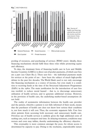 64   |  section b:2
                     100



                          80
Percentage of financing




                          60


                                                                                              B2.1  Sources of
                          40
                                                                                              health care financing,
                                                                                              selected low and mid-
                                                                                              dle income countries,
                          20                                                                  2000 (source: Hsiao
                                                                                              and Shaw (2007: 6)

                          0




                             R ia




                            ua r
                           nz ue

                                 bia
                         Za ania




                            ne s
                            C ia
                             a i




                                   r
                           Ke ria


                     Ph ala nd




                                dia
                      In ppin ia




                     El ate gua
                           et a
                          Ni nda


                                   a




                           Bo ica




                           lv la
                      Ca I m




                      Ni P via
                            bo a




                     Gucara eru
                        Ug w ala i




                        Ec ado
                               do
                          M Mal




                         do e

                        Vi hin
                               ny




                         m ndi


                        sta mb
                                 s
                        ili ys




                       Sa ma
                              na
                       Ta biq




                             ge



                       M a
                             m




                              li
                           ail




                     Co lo
                        am




                        Th




                       Co
    oz
   M




                               General Revenues   Social Insurance    Other private sources

                               Out of pocket      Private Insurance



          pooling of resources, and purchasing of services (WHO 2000). Ideally, these
          financing mechanisms should fulfil these three roles whilst promoting equity
          and efficiency.
              To date, the dominant form of financing health care in Low and Middle
          Income Countries (LMICs) is direct out-of-pocket payments, of which user fees
          are a part (see Chart B2.1). These user fees – the individual payments made
          for services at the point of use – have been the subject of much high-profile
          debate in the past few decades. The World Bank used to not only encourage
          this financing mechanism as a source of income, but even made it a condi-
          tion to receiving funds at the time of the Structural Adjustment Programmes
          (SAPs) in the 1980s. The main justification for the introduction of user fees
          was twofold: to reduce moral hazard – that is, to discourage unnecessary
          utilisation of health services; and to generate additional revenue. However,
          in the provision of health care, the underlying market-based assumptions do
          not hold.
              The reality of asymmetric information between the health care provider
          and the patient, whereby a patient is not fully informed of their needs, means
          that the purchaser of health care does not know how serious their condition
          is, nor how much it will cost. Thus, the economic argument fails. User fees
          deter patients from accessing both necessary and unnecessary health care.
          Frivolous use of health services is unlikely given the high additional costs of
          seeking care, such as transport and time. In delaying treatment, conditions may
          worsen and costs may inflate, thereby undermining the efficiency objective.
              This eventuality is more common amongst the poor, for whom access is
          determined by capacity to pay. Owing to the stochastic, unpredictable nature
 
