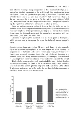 financing health care  |   75

  from informal passenger transport operators to their unions (ibid.: 184). As the
  unions had detailed knowledge of the activities of their members and could
  easily collect taxes, the scheme was quite easy to administer. ‘Operators were
  liable for taxes only on the days they actually worked, taxes were collected at
  the lorry park and the union got a 2.5% share of the total collection’ (ibid:
  196). The government has also sought to determine VAT obligations by check-
  ing the registration of the value of vehicles (McKinley 2009).
      Based on various research studies, it is seen that the ability to tax the
  informal sector (either employers or workers) depends on the extent of revenue
  pressure being faced by the government, the degree and nature of association-
  alism within the informal sector, and the channels of interaction with state
  institutions (Joshi and Ayee 2008: 209).
      Crucially, recognising that informal does not mean poor or disorganised
  might go some way in debunking the myth that informal sectors cannot be
  taxed.

  Economic growth Some economists (Newbery and Stern 1987, for example)
  argue that economic development is the most important factor affecting the
  range and size of the tax base. The scarce economic resources, modest economic
  growth, and economic structure (large share of subsistence farming, large
  informal sector, and many small establishments, for example) that are typical
  of LICs imply that resources collected by the state will necessarily be limited.
     The level of revenue raised through taxation in LICs is very limited. Total tax
  levels stagnated during the 1990s in LICs (McKinley 2009).13 This reinforces
  how vital it is that donors provide long-term and predictable ODA (official
  development assistance) to LICs, whilst the tax base is being developed to
  eventually allow for domestic sustainability.


                 35

                 30

                 25
Percent of GDP




                 20
                                                                                       B2.3  Average tax rev-
                 15                                                                    enues by country income
                                                                                       levels, 2000 (figures in
                 10                                                                    parentheses indicate
                                                                                       GDP per capita) (source:
                                                                                       Hsiao and Shaw 2007: 8)
                 5


                 0
                      Low-income     Lower-middle-      Upper-middle-    High-income
                       countries   income countries   income countries     countries
                      (<US$760)       (US$760 –         (US$3,030 –      (>US$9,360)
                                      US$3,030)          US$9,360)
 