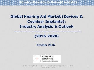 Global Hearing Aid Market (Devices &
Cochlear Implants):
Industry Analysis & Outlook
-----------------------------------------
(2016-2020)
Industry Research by Koncept Analytics
1
October 2016
Global Hearing Aid Market (Devices & Cochlear Implants): Industry Analysis
& Outlook (2016-2020)
 