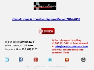 Global Home Automation System Market 2014-2018

Published: November 2013
Single User PDF: US$ 2500
Corporate User PDF: US$ 3500

Order this report by calling
+1 888 391 5441 or Send an email
to sales@reportsandreports.com
with your contact details and
questions if any.

© ReportsnReports.com / Contact sales@reportsandreports.com

1

 