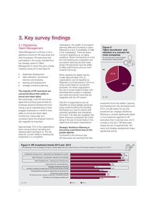 3. Key survey ﬁndings
3.1 Digitalizing
Talent Management
Talent Management continues to be a
signiﬁcant priority for HR executives and
their businesses. HR executives that
participated in the survey indicated four
top strategic areas for Talent
Management in which they are currently
investing during 2013 (see ﬁgure 4):
leadership development
talent attraction, recruitment,
retention and branding
learning and development
strategic workforce planning
The majority of HR executives are
concerned about their ability to
recruit and retain talent.
Not surprisingly, most HR executives
agree that providing opportunities for
employee personal development and
having a good understanding of what
engages employees is critical for their
ability to recruit and retain talent.
Furthermore, being clear and
consistent about the employer brand is
also regarded as important.
Approximately 70% of the organizations
have concerns about recruiting and
retaining talent (see ﬁgure 3). The top
areas for concern relate to retaining key
employees in a competitive

marketplace, the quality of succession
planning skills and processes in place,
followed by a lack of availability of skills
in the marketplace. There are fewer
concerns regarding e.g. an aging
workforce. Worth commenting on is the
fact that retaining key employees and
succession planning are both areas
where HR executives have the ability
to affect performance and can work
towards improving.

Figure 3:
Talent recruitment and
retention is a concern for
most companies
Do you have any concerns about
recruiting and retaining talent?

NO

31%

When applying the digital maturity
model, approximately 75% of
organizations can be classiﬁed as
Beginners or Conservatives in terms of
using social media for recruitment
purposes. For these organizations
the use of social media is limited, with
advertisements posted on websites
and online recruitment tools that are
integrated with the HR system.

69%

N = 95

Only 6% of organizations can be
classiﬁed as being digitally advanced,
using social recruiting and branding
techniques as a way to interact with
potential candidates and strengthen
the brand. The data also suggests that
North American companies are further
along in the use of social media in this
regard than European organizations.

investment focus has shifted. Learning
and Development has decreased since
2012, but still makes the top ﬁve
investment list. Strategic Workforce
Planning is currently signiﬁcantly higher
on the investment agenda for HR
executives than it was last year, and in
contrast to the 2011 HR Barometer,
makes the top 5 investment list. HR
vision and strategy development drops
signiﬁcantly during

Strategic Workforce Planning is
becoming a prioritized area on the
people agenda.
Compared to the previous year,
HR executives are reporting that their

Figure 4: HR investment trends 2013 and 2012
“The following is a list of strategic HR topics. Please select the top 5 topics that your HR function invested in during 2012 & 2013.”

Leadership Development / Leadership and Management quality
Talent Attraction, recruitment, retention and branding
Talent Development / Learning and Development

47%
39%
40%

Strategic Workforce Planning

24%

(provision & analysis of people data to drive business decision making)

40%
29%

Participate/Drive business organizational development
HR Service Delivery Model

(HR Shared services, Centers of Expertise, HR Business Partners)

HR Vision and Strategy development
N = 130

4

29%
2012

2013

YES

37%
35%
35%
45%

50%
51%
50%
50%
54%

 