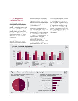 3.4 The struggle with
underperforming HR IT
The HR function focuses on
improvement of current IT systems.
Among the organizations there is
generally a disagreement as to whether
their systems work sufﬁciently or not
(see ﬁgure 9). Hence, while a signiﬁcant
number of participating organizations
typically have a HR system solution with
various different features, the system
solution does not deliver sufﬁciently in
many aspects.
Half of the organizations rate their
solution as not sufﬁcient in terms of
effective execution and automation of
administrative work. Out of the

organizations that have a HR system
solution that provides managers and
employees with access to self-service,
slightly more organizations feel that their
solution delivers the required results
than those who do not.
Closer to 60% of organizations have
some embedded tools to connect to the
latest technology, such as a smartphone, but around 40% do not feel that
the system solution is sufﬁcient within
the area. 50% of organizations state that
their solution does not support
end-to-end processes sufﬁciently,
does not have well-enough
integrated features for HR work, nor has
the ability to increase employee
experience through the use of web 2.0/

digital tools. The critical view on current
system solutions is reﬂected in close
to 50% of organizations stating that
they are currently considering changing
some, or all, of their HR systems. 45%
of organizations intending to change
their HR systems state that they will
continue implementation and roll-out of
their current solution, while close to 40%
state that they will implement a full
SaaS solution.

Figure 9: Functionality of HR systems
Please rate your HR System based on the following criteria:
60%

50%

50%

50%

45%

43%

40%

32%

31%

30%

18%

17%

20%

49%

46%

38%

24%

22%

43% 44%
28%
13%

7%

10%
0%

Supports an
effective execution
and automation o f
administrative and
transactional HR
work

Provides Manager
and Employee
access to self
service

Supports end- to
end processes
(minimal
integration issues
between multiple
systems)

Has the abilities to
increase employee
experience using
web 2.0/digital
tools

Has integrated and
web based features
for HR work for
employees and
potential
employees

Has embedded
tools to connect to
latest technology
(smart phones etc)

Not at all

N = 109

Figure 10: Systems organizations are considering changing to
Is your organization currently considering changing any of its HR
systems (within the next 12 months)?

In what way is your organization considering changing the HR
system solution? Please select all that apply.
Continue implementation and
roll-out of current solution

45%

Implement a full Software as
a Service solution
NO

Implement an ERP solution

51%

49%

Complement current solution with
Software as a Service solution

YES

Integrate HR solution with
internal social network
Complement current solution with Best
of Breed / Niche components

N = 109

8

36%
23%
19%
17%
13%

 