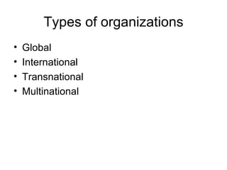 Types of organizations Global International Transnational Multinational 