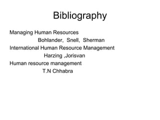 Bibliography Managing Human Resources Bohlander,  Snell,  Sherman International Human Resource Management Harzing ,Jorisvan Human resource management T.N Chhabra 