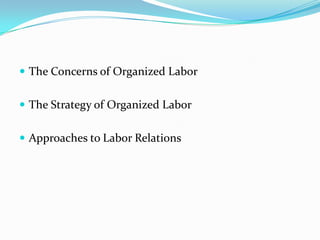  The Concerns of Organized Labor
 The Strategy of Organized Labor

 Approaches to Labor Relations

 