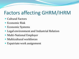Factors affecting GHRM/IHRM
 Cultural Factors
 Economic Risk
 Economic Systems
 Legal environment and Industrial Relation

 Multi-National Employer
 Multicultural workforces
 Expatriate work assignment

 