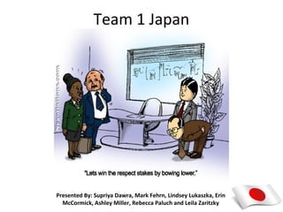 Team 1 Japan




Presented By: Supriya Dawra, Mark Fehrn, Lindsey Lukaszka, Erin
  McCormick, Ashley Miller, Rebecca Paluch and Leila Zaritzky
 