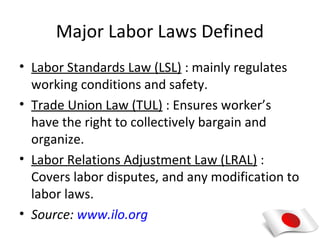 Major Labor Laws Defined
• Labor Standards Law (LSL) : mainly regulates
  working conditions and safety.
• Trade Union Law (TUL) : Ensures worker’s
  have the right to collectively bargain and
  organize.
• Labor Relations Adjustment Law (LRAL) :
  Covers labor disputes, and any modification to
  labor laws.
• Source: www.ilo.org
 