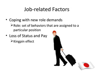 Job-related Factors
• Coping with new role demands
  Role: set of behaviors that are assigned to a
   particular position
• Loss of Status and Pay
  Kingpin effect
 