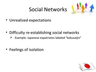 Social Networks
• Unrealized expectations

• Difficulty re-establishing social networks
   Example: Japanese expatriates labeled “kokusaijin”


• Feelings of isolation
 