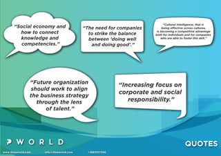 www.thepworld.com info@thepworld.com +38925111350
QUOTES
“Cultural Intelligence, that is
being effective across cultures,
is becoming a competitive advantage
both for individuals and for companies
who are able to foster this skill.”
“The need for companies
to strike the balance
between ’doing well
and doing good’.”
“Social economy and
how to connect
knowledge and
competencies.”
“Increasing focus on
corporate and social
responsibility.”
“Future organization
should work to align
the business strategy
through the lens
of talent.”
 
