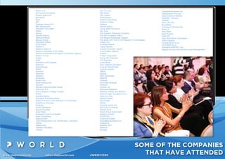 www.thepworld.com info@thepworld.com +38925111350
SOME OF THE COMPANIES
THAT HAVE ATTENDED
Tau On Line
TBC Bank
TBC Kredit
Tehnologica
Telekom Slovenije
Telekom Srbija
Telenor
Temsa Global
Texas A&M University
Tez Tour
The Caspian Shipping Company
The HR Company (HRC)
The Regent Esplanade Zagreb
The State Oil Fund of the Republic of Azerbaijan
TISAK d.d.,
Tockapromjene
Topaz Marine
Toyota Otomotiv Sanayi
Trend News Agency
Trident
Triglav Osiguranje
Troop HR Solutions
TTE Petrofac
Turan Bank
Turk Telekom Akademi
Turkcell Global Bilgi
Turkish Airlines
UBER
UEDAŞ 
UGE Azerbaijan
UNHCR
Unibank
UniCredit Bulbank
Unilever
Unimac Az
Uptitude Makdessi
Valamar Hotels and Resorts
Valoviti papir Dunapack d.o.o
Vast.com doo
Veneto Banka
Veyseloglu
Vibilia
Victoria Group a.d
VIP Club Concierge
Vipnet d.o.o.
Vision Fund AzerCredit
Visteon Tunisia
VIVACOM
Vodovod-Osijek
Vojvođanska banka a.d.
Vzajemna
Wabtec MZT
Westum
Wrigley
Rhea d.o.o.
Rio Sava Exploration
Riviera Adria d.d.
Romantic
Roto
RSL
Rudnap Group A.D.
S&T Macedonia
SABANCI HOLDİNG
SABIC
Salveo
Sanoﬁ-Aventis
Santral Elektrik
Savola Group
Sberbank Srbija
SCIB Paints
Sedam IT
Selectio Kadrovi
Senior Consultant ICAP Srbija
Serbia Investment and Export Promotion Agency
Shaker Group
Shaya
Shell
Sheraton-HUP-Zagreb
Shinwon
Shlumberger
SHRA
Siemens
Siemens
Silatech
Simbrella
Smart Flex
Smart Resources
SOCAR
Societe Generale Bank Srbija
SoftTech A.S.
SOS Children's Village Croatia
SPAN
Splitska Banka
Standard Chartered Bank
State Oil Fund of the Republic of Azerbaijan
Stedilnica Moznosti
Strabag
Studio Moderna
Styria Hrvatska
Suez Steel
Supreme Council of Health
Svan Consulting
Swatycomet
T & K Restaurants Ltd. (Mcdonald`s Georgia)
Taboo
Takeda Ilac
Talentor Hrvatska
Tarkett
Zagrebačka banka d.d.,
Zagrebacka Pivovara
Zavarovalnica Maribor
Zdravlje – Actavis
Zerkalo
Zito Luks AD
АссеssВаnк
Chelopech Mining EAD
Wuzzuf
Xalq Bank
Xalq Sigorta
Xella BH
Yapi Kredi Bank Azerbaijan
Yıldız Holding
Youngculture d.o.o
YU POINT d.o.o
ZAGREB AIRPORT Ltd
Zagreb School of Economics and Management
 
