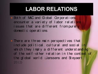 LABOR RELATIONS
 Bot h of MNC and Gl obal Cor por at i ons
encount er a var i et y of l abor r el at i ons
i ssues t hat ar e di f f er ent f r om pur el y
domest i c oper at i ons.
 Ther e ar e t hr ee mai n per spect i ves t hat
i ncl ude pol i t i cal , cul t ur al and soci al i n
whi ch t hey i mpl y a di f f er ent under st andi ng
of t he sel f -ot her r el at i on i n t he cont ext of
t he gl obal wor l d. (Janssens and St eyaer t ,
2012)
 