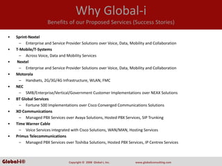 Why Global‐i
                       Benefits of our Proposed Services (Success Stories)

  •   Sprint‐Nextel
        – Enterprise and Service Provider Solutions over Voice, Data, Mobility and Collaboration
  •   T‐Mobile/T‐Systems
        – Across Voice, Data and Mobility Services
  •   Nextel
        – Enterprise and Service Provider Solutions over Voice, Data, Mobility and Collaboration
  •   Motorola
        – Handsets, 2G/3G/4G Infrastructure, WLAN, FMC
  •   NEC
        – SMB/Enterprise/Vertical/Government Customer Implementations over NEAX Solutions
  •   BT Global Services
        – Fortune 500 Implementations over Cisco Converged Communications Solutions
  •   XO Communications 
        – Managed PBX Services over Avaya Solutions, Hosted PBX Services, SIP Trunking
  •   Time Warner Cable
        – Voice Services integrated with Cisco Solutions, WAN/MAN, Hosting Services
  •   Primus Telecommunications
        – Managed PBX Services over Toshiba Solutions, Hosted PBX Services, IP Centrex Services



Global-i©                          Copyright ©  2008  Global‐i, Inc.    www.globaliconsulting.com
 