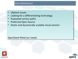 WHY OPENSTACK?


••   vSphere issues
      vSphere issues
••   Looking for a differentiating technology
      Looking for a differentiating technology
••   Evaluated various paths
      Evaluated various paths
••   Preferred Open Source
      Preferred Open Source
••   Elastic and dynamically scalable cloud solution
      Elastic and dynamically scalable cloud solution



OpenStack fitted our needs.
OpenStack fitted our needs.
 