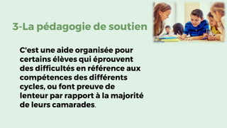 3-La pédagogie de soutien
C'est une aide organisée pour
certains élèves qui éprouvent
des difficultés en référence aux
compétences des différents
cycles, ou font preuve de
lenteur par rapport à la majorité
de leurs camarades.
 