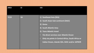 AREA GI VIA
TC23 SA 1) Southeast Asia (SEA)
2) South Asian Sub-continent (SASC)
3) Korea
4) South Atlantic Area
5) Trans Atlantic travel
• Via direct services over Atlantic Ocean
• Only via points in Central Africa, South Africa or
Indian Ocean, Islands SEA, SASC and/or JAPKOR
 