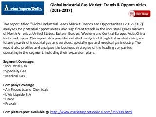 Global Industrial Gas Market: Trends & Opportunities
(2012-2017)
The report titled "Global Industrial Gases Market: Trends and Opportunities (2012-2017)"
analyzes the potential opportunities and significant trends in the industrial gases markets
of North America, United States, Eastern Europe, Western and Central Europe, Asia, China
India and Japan. The report also provides detailed analysis of the global market sizing and
future growth of industrial gas and services, specialty gas and medical gas industry. The
report also profiles and analyzes the business strategies of the leading companies
operating in the segment, including their expansion plans.
Segment Coverage:
• Industrial Gas
• Specialty Gas
• Medical Gas
Company Coverage
• Air Products and Chemicals
• L'Air Liquide S.A
• Linde
• Praxair

Complete report available @ http://www.marketreportsonline.com/295908.html

 