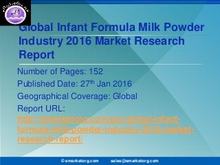 Global Infant Formula Milk Powder
Industry 2016 Market Research
Report
Number of Pages: 152
Published Date: 27th Jan 2016
Geographical Coverage: Global
Report URL:
http://emarketorg.com/pro/global-infant-
formula-milk-powder-industry-2016-market-
research-report/
© emarketorg.com sales@emarketorg.com
 