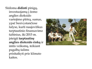 Siūloma  didinti  pinigų, investuojamų į žemo anglies dioksido vartojimo plėtrą, sumas, ypač besivystančiose šalyse, kurti naujoviškus tarptautinio finansavimo šaltinius, iki 2015 m. įsteigti  tarptautinę anglies dioksido rinką  ir imtis veiksmų, teikiant pagalbą šalims prisitaikyti prie klimato kaitos.  