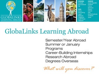 GlobaLinks Learning Abroad
            Semester/Year Abroad
            Summer or January
            Programs
            Career-Building Internships
            Research Abroad
            Degrees Overseas
 