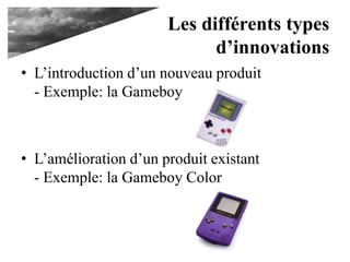 Les différents types
d’innovations
• L’introduction d’un nouveau produit
- Exemple: la Gameboy
• L’amélioration d’un produit existant
- Exemple: la Gameboy Color
 