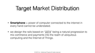 Target Market Distribution
• Smartphone = power of computer connected to the internet in
every hand cannot be understated.
• we design the rails based on “2274” being a natural progression to
mix commerce and payments into the realm of ubiquitous
computing and the Internet of Things.
© 2274 Inc. Intellectual Property All rights reserved
 