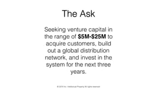 The Ask
Seeking venture capital in
the range of $5M-$25M to
acquire customers, build
out a global distribution
network, and invest in the
system for the next three
years.
© 2274 Inc. Intellectual Property All rights reserved
 