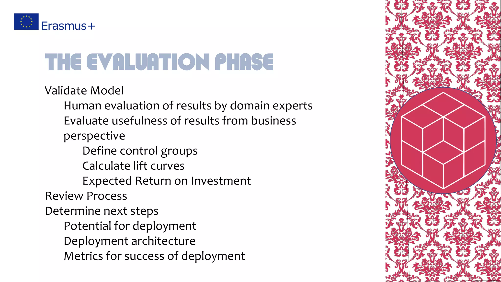 Validate Model
Human evaluation of results by domain experts
Evaluate usefulness of results from business
perspective
Define control groups
Calculate lift curves
Expected Return on Investment
Review Process
Determine next steps
Potential for deployment
Deployment architecture
Metrics for success of deployment
The Evaluation Phase
 