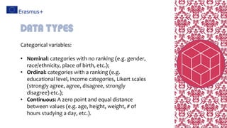 Categorical variables:
• Nominal: categories with no ranking (e.g. gender,
race/ethnicity, place of birth, etc.);
• Ordinal: categories with a ranking (e.g.
educational level, income categories, Likert scales
(strongly agree, agree, disagree, strongly
disagree) etc.);
• Continuous: A zero point and equal distance
between values (e.g. age, height, weight, # of
hours studying a day, etc.).
Data types
 