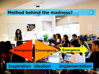 Method behind the madness?  Divergence Convergence Emergence Inspiration Ideation Implementation 