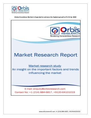 www.orbisresearch.com; +1 (214) 884-6817; +9120-64101019
Global Insulation Market is Expected to witness the highest growth of 9.1% by 2020
 