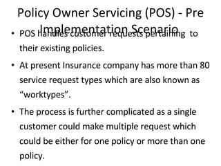 Policy Owner Servicing (POS) - Pre Implementation Scenario  POS handles customer requests pertaining  to their existing policies.  At present Insurance company has more than 80 service request types which are also known as “worktypes”. The process is further complicated as a single customer could make multiple request which could be either for one policy or more than one policy. POS request forms & supporting docs are received by the GO/HO. After initial verification GOs courier them to the HO. At HO, after Quality Check of application forms & documents and all discrepancy resolution, sorting in done based on work types. Then the forms are forwarded to the concerned POS department. This would include any service requests other than new policy issuance. Some of the typical requests handled by POS could be : Change in Address  Purchase of Paid up Additional Coverage. etc Based on the request type, the concerned POS department, first verifies the customer from whom the request has come. Most of the time this is done by referring to the old documents of the customer. Post customer verification, the request is fulfilled and dispatched to the relevant GO to be delivered to the customer. 