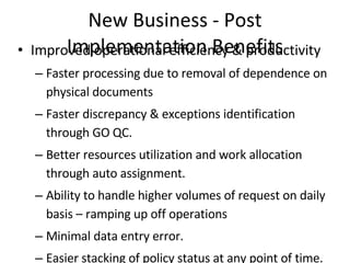 New Business - Post Implementation Benefits Improved operational efficiency & productivity Faster processing due to removal of dependence on physical documents Faster discrepancy & exceptions identification through GO QC. Better resources utilization and work allocation through auto assignment. Ability to handle higher volumes of request on daily basis – ramping up off operations Minimal data entry error. Easier stacking of policy status at any point of time. Improved TAT Reduction in document retrieval time and worktype processing time  Reduction in delays caused by loss of documents or request forms. Reduction in file movement and dependency on availability of physical files for processing worktypes. Parallel processing between SCs and HO reduces communication processing time. Faster and better communication between teams. 