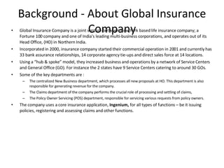 Background - About Global Insurance Company Global Insurance Company  is a joint venture between New York based life insurance company; a Fortune 100 company and one of India's leading multi-business corporations, and operates out of its Head Office, (HO) in Northern India. Incorporated in 2000, insurance company started their commercial operation in 2001 and currently has 33 bank assurance relationships, 14 corporate agency tie-ups and direct sales force at 14 locations.  Using a “hub & spoke” model, they increased business and operations by a network of Service Centers and General Office (GO). For instance the 2 states have 9 Service Centers catering to around 30 GOs.  Some of the key departments are : The centralized New Business department, which processes all new proposals at HO. This department is also responsible for generating revenue for the company.  The Claims department of the company performs the crucial role of processing and settling of claims,  The Policy Owner Servicing (POS) department, responsible for servicing various requests from policy owners. The company uses a core insurance application,  Ingenium,  for all types of functions – be it issuing policies, registering and assessing claims and other functions. 