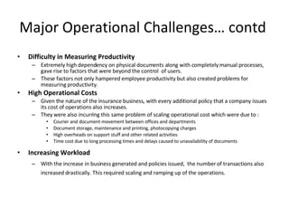 Major Operational Challenges… contd  Difficulty in Measuring Productivity Extremely high dependency on physical documents along with completely manual processes, gave rise to factors that were beyond the control  of users. These factors not only hampered employee productivity but also created problems for measuring productivity.  High Operational Costs Given the nature of the insurance business, with every additional policy that a company issues its cost of operations also increases. They were also incurring this same problem of scaling operational cost which were due to : Courier and document movement between offices and departments Document storage, maintenance and printing, photocopying charges High overheads on support stuff and other related activities Time cost due to long processing times and delays caused to unavailability of documents Increasing Workload With the increase in business generated and policies issued,  the number of transactions also increased drastically. This required scaling and ramping up of the operations. 