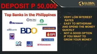 - VERY LOW INTEREST
RATES
- EASY TO WITHDRAW
AND SPEND THE MONEY
QUICKLY
- NOT A GOOD OPTION
IF YOU WANT TO
GROW YOUR MONEY
DEPOSIT P 50,000
 